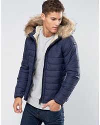 Schott Quilted Padded Hooded Jacket Detachable Faux Fur Trim