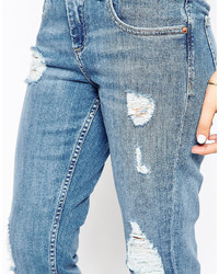 Asos Collection Kimmi Shrunken Boyfriend Jeans In Elsa Midwash Blue With Rips