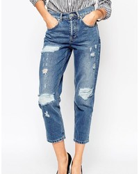 Asos Collection Low Slung Straight Leg Boyfriend Jeans With Rip And Repair Patches