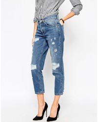 Asos Collection Low Slung Straight Leg Boyfriend Jeans With Rip And Repair Patches