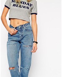 Asos Collection Original Rigid Mom Jeans In Miami Wash With Jasmine Thigh And Knee Rips