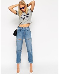 Asos Collection Original Rigid Mom Jeans In Miami Wash With Jasmine Thigh And Knee Rips