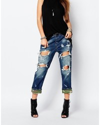 Replay Destroyed Boyfriend Paint Jean With Army Hem