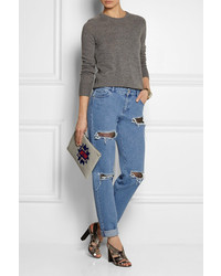 House of Holland Distressed Lace Appliqud High Rise Boyfriend Jeans