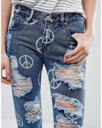 Glamorous Peace Print Ripped Boyfriend Jeans
