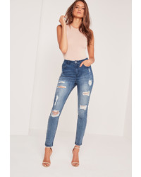 Missguided Blue High Waisted Ripped Skinny Jeans
