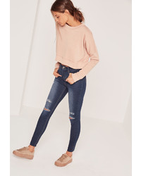Missguided High Waisted Authentic Ripped Skinny Jeans Blue