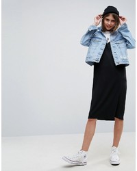 Asos Denim Jacket In Mid Blue Wash With Rips