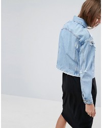 Asos Denim Jacket In Mid Blue Wash With Rips