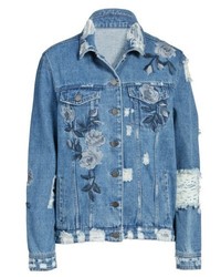 Love, Fire Floral Embroidered Ripped Denim Jacket