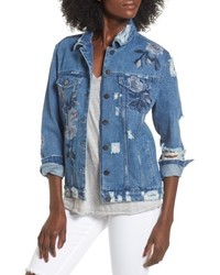 Love, Fire Floral Embroidered Ripped Denim Jacket