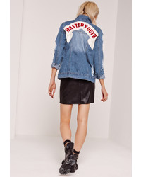 Missguided Graphic Ripped Denim Jacket Blue