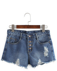 Frayed Ripped Denim Single Breasted Shorts