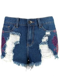 Boohoo Lourdes Embroidered Ripped Denim Hot Pants