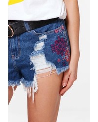 Boohoo Lourdes Embroidered Ripped Denim Hot Pants