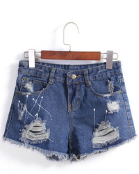 With Button Ripped Fringe Denim Shorts