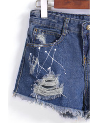With Button Ripped Fringe Denim Shorts
