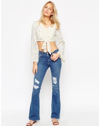 Asos Collection Bell Flare Jeans In Melinda Bright Wash With Displaced Ripped Knees