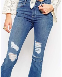 Asos Collection Bell Flare Jeans In Melinda Bright Wash With Displaced Ripped Knees