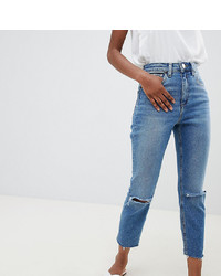Asos Petite Asos Design Petite Farleigh High Waist Slim Mom Jeans In Mid Stonewash Blue With Rips