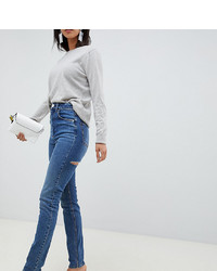Asos Tall Asos Design Tall Farleigh High Waist Slim Mom Jeans In Dark Stone Wash With Bum Rips