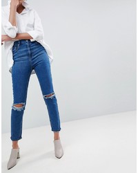 ASOS DESIGN Asos Farleigh High Waist Slim Mom Jeans In Bonnie Wash With Super Wide Busted Knee