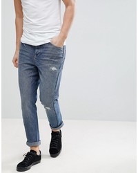 ASOS DESIGN Asos Skinny Twisted Jeans In Dark Wash Blue With Rip And Repair