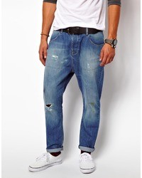 Asos Slim Ankle Grazer Jeans With Rips Blue