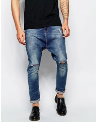 Asos Brand Drop Crotch Jeans With Knee Rips In Blue