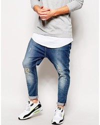 Asos Brand Drop Crotch Jeans With Rip And Repair Detail