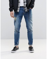 Asos Brand Skinny Jeans With Front And Back Rips In Mid Blue
