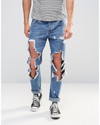 Asos Brand Slim Jeans With Open Rips In Mid Blue