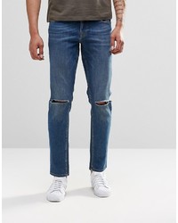Asos Brand Stretch Slim Jeans With Knee Rips In Mid Wash Blue