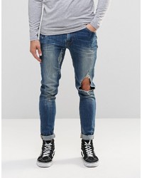 Asos Brand Super Skinny Jeans With Open Rips In Mid Blue