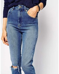 Asos Collection Farleigh High Waist Slim Mom Jeans In Busted Mid Wash Blue With Ripped Knee