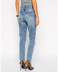 Asos Collection Farleigh High Waist Slim Mom Jeans In Day Dreamer Vintage Wash With Busted Knees