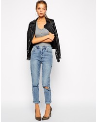 Asos Collection Farleigh High Waist Slim Mom Jeans In Day Dreamer Vintage Wash With Busted Knees