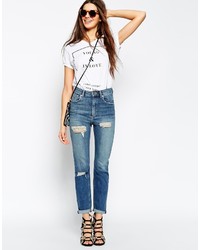 Asos Collection Farleigh High Waist Slim Mom Jeans In Pamla Midwash Blue With Thigh And Knee Rip