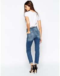 Asos Collection Farleigh High Waist Slim Mom Jeans In Pamla Midwash Blue With Thigh And Knee Rip