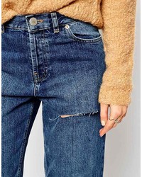 Asos Collection Maddox Parallel Crop Jeans In Maritime Wash With Thigh Rip