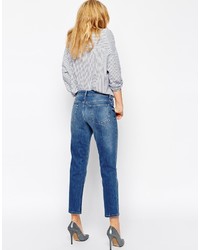 Asos Collection Thea Girlfriend Jeans In Maritime Mid Wash With Ripped Knee