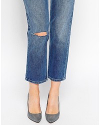 Asos Collection Thea Girlfriend Jeans In Maritime Mid Wash With Ripped Knee