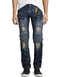 Robin's Jeans Distressed Bleached Cargo Moto Jeans Blue