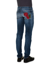 Dolce & Gabbana Distressed Denim Jeans With Embroidered Rose Blue