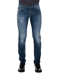 Dolce & Gabbana Distressed Denim Jeans With Embroidered Rose Blue