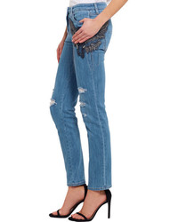 Roberto Cavalli Distressed Embellished Silk Appliqud Mid Rise Straight Leg Jeans Mid Denim