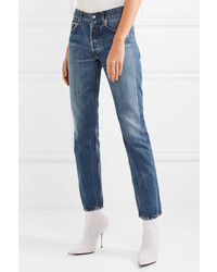 Balenciaga Distressed High Rise Straight Leg Jeans Mid Denim