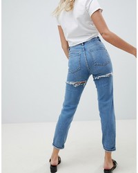 ASOS DESIGN Farleigh High Waist Slim Mom Jeans In Light Stone Wash With Bum Rips