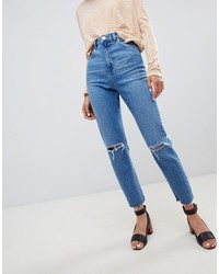 ASOS DESIGN Farleigh High Waist Slim Mom Jeans In Mid Stonewash Blue With Rips