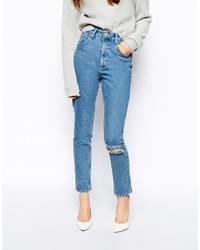 Asos Farleigh High Waist Slim Mom Jeans In Rosebowl Mid Wash Blue With Ripped Knee